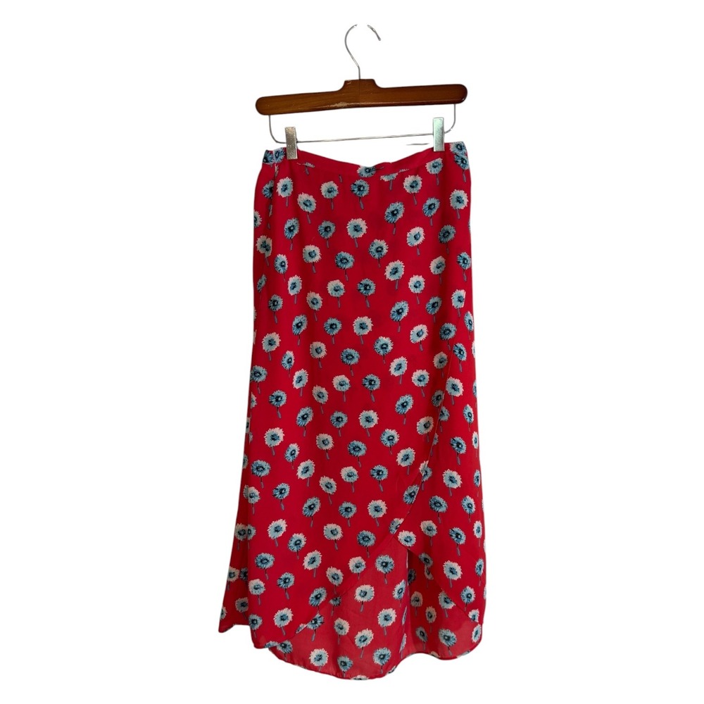 J.Crew Faux Wrap Midi Skirt Red XS Womens Floral Dandelion Casual